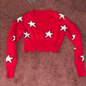 Red and White Star Cropped Sweater